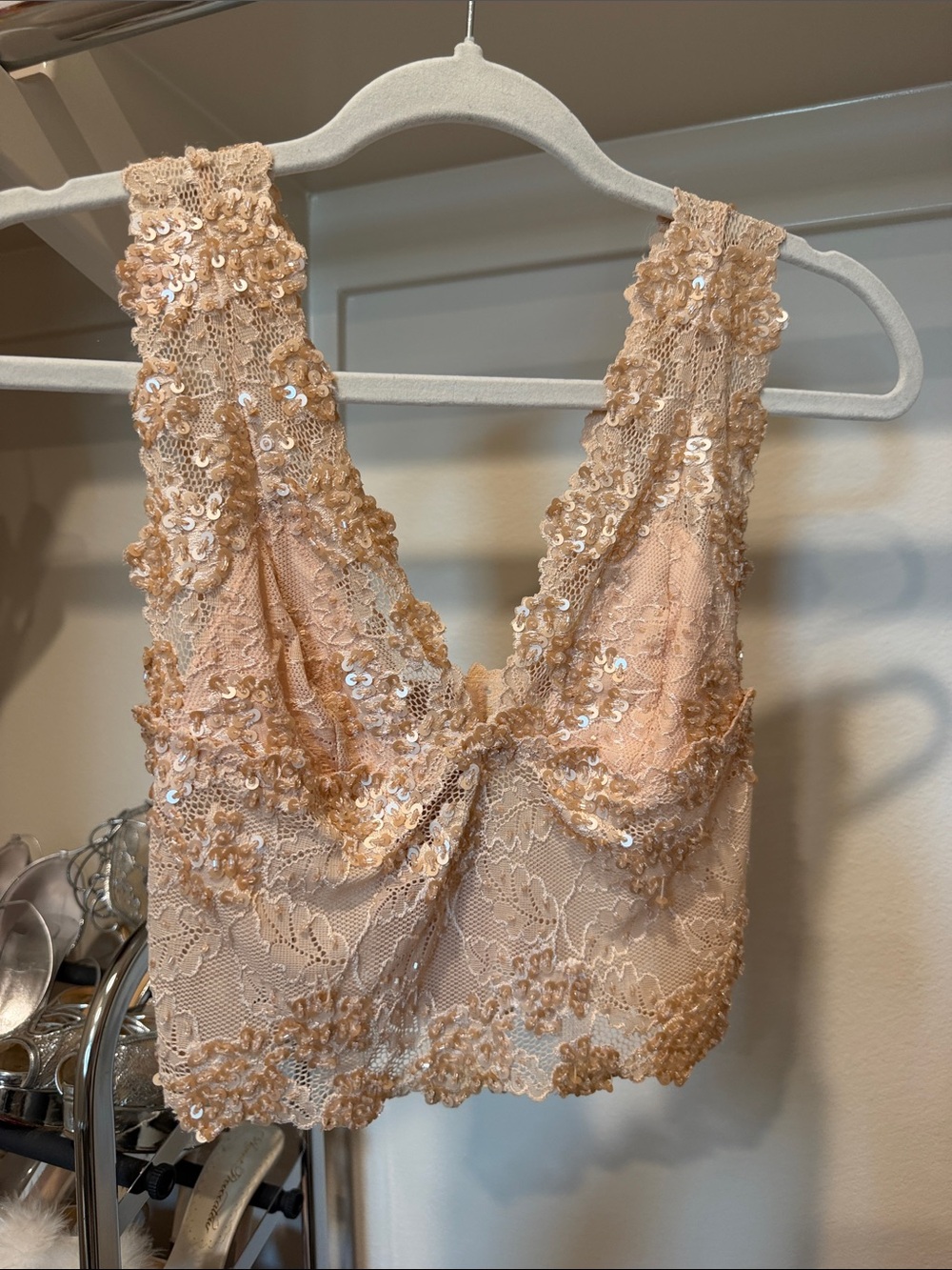 bebe y2k sequin crop top blush rose gold